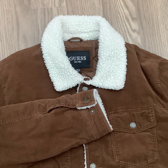 GUESS  Sherpa Trimmed Corduroy Trucker Jacket  Brown Women Size XL - Picture 1 of 12
